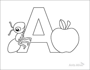 Free A is for ant coloring page for kids